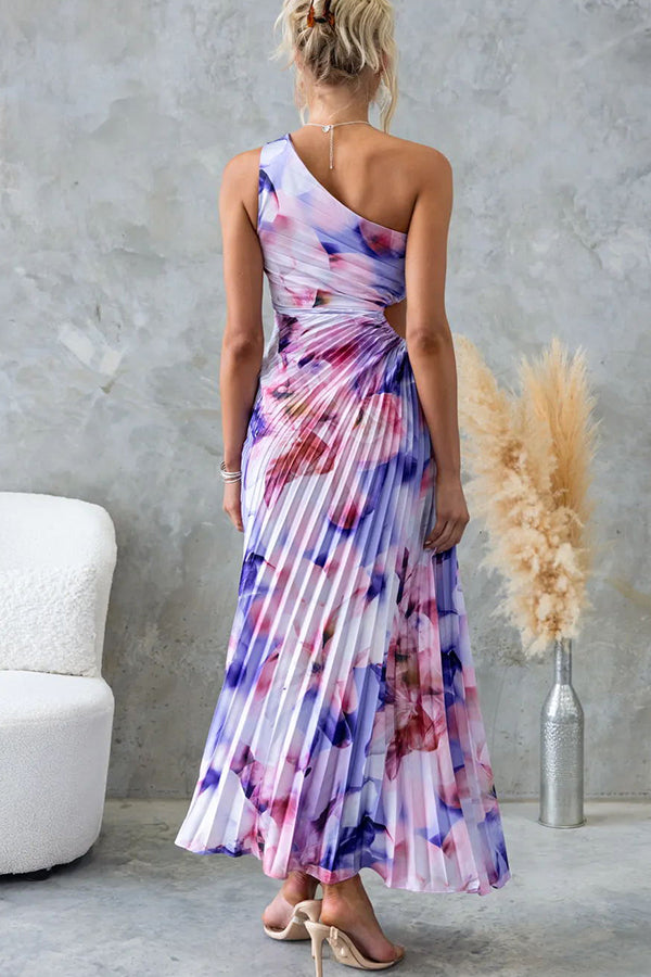 Laken Floral Print One Shoulder Adjustable Tie Cutout Pleated Maxi Dress