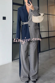 Nayla Plaid Contrast Color Belted Long Sleeve Lapel Blazer and Pocketed Wide Leg Pants Set