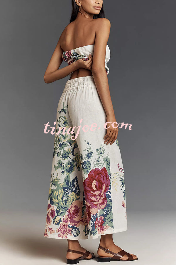In To The Summer Linen Blend Floral Print Elastic Bandeau and Elastic Waist Pocket Loose Pants Set