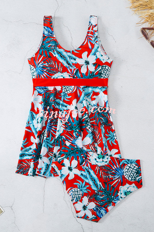 Cheerful Floral Print Bow Detail Tankini Swimsuit Set