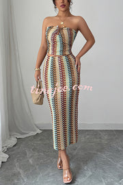 Playful Colorful Knitted Sexy Tube Top and Elegant Back Slit Midi Skirt Set