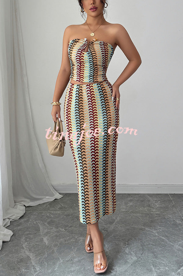 Playful Colorful Knitted Sexy Tube Top and Elegant Back Slit Midi Skirt Set
