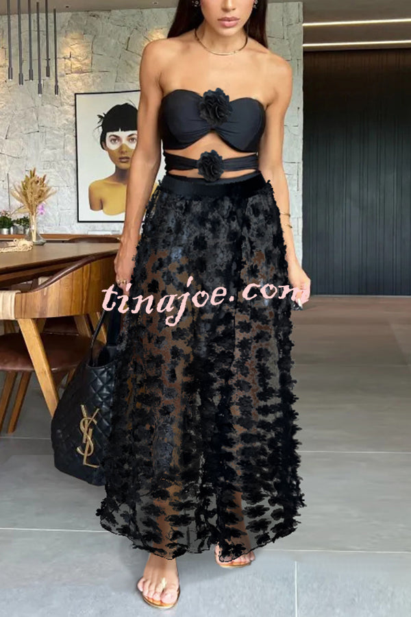 Solid Color Floral Mesh Holiday Maxi Skirt