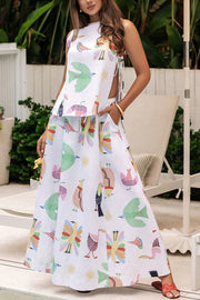 Island Paradise Linen Blend Unique Print Tie-up Slit Tank and Elastic Waist Pocketed Maxi Skirt Set