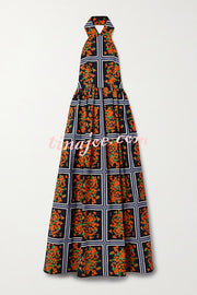 Floral Print Sexy Halter Neck Backless Elegant Maxi Dress