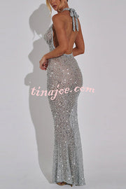 Shine All Night Sheer Sequin Cowl Neck Halter Maxi Dress