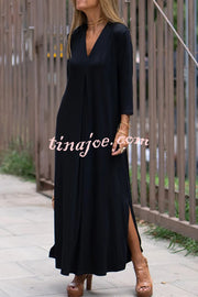 Solid Color V-neck Casual Slit Maxi Dress