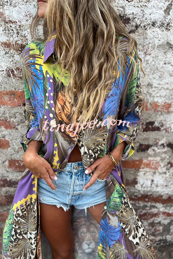 Jungle Miracle Animal Unique Print Button Long Sleeve Midi Relaxed Blouse