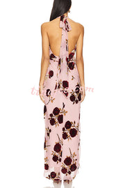 Rose Secret Printed Cowl Neck Halter Backless Maxi Dress