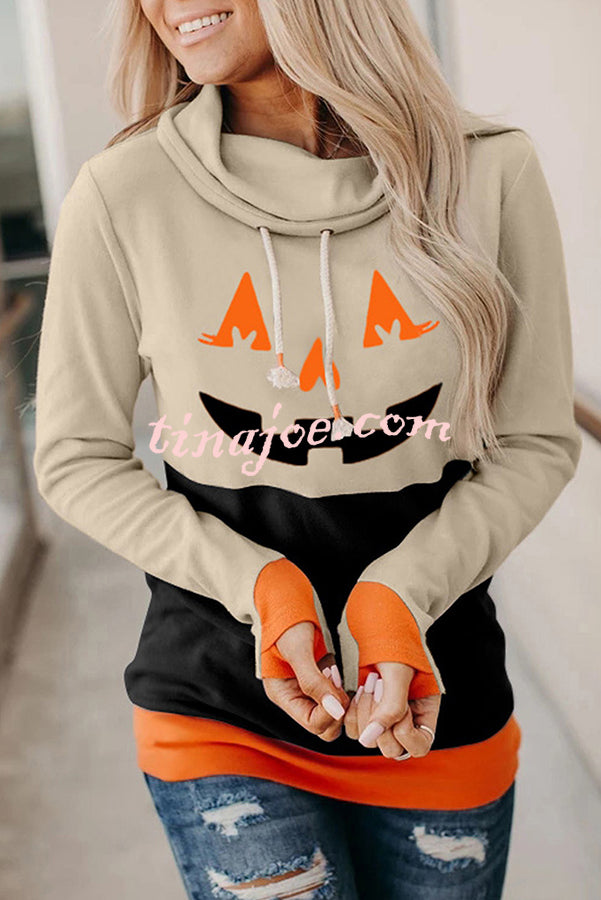 Halloween Pumpkin Print Long Sleeve Drawstring Hoodie