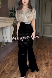 Elegant V-neck Sequined Velvet Stitching Sexy Slit Maxi Dress