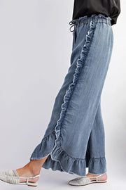 Solid Color Ruffled Elastic Waist Tie Loose Denim Flared Pants