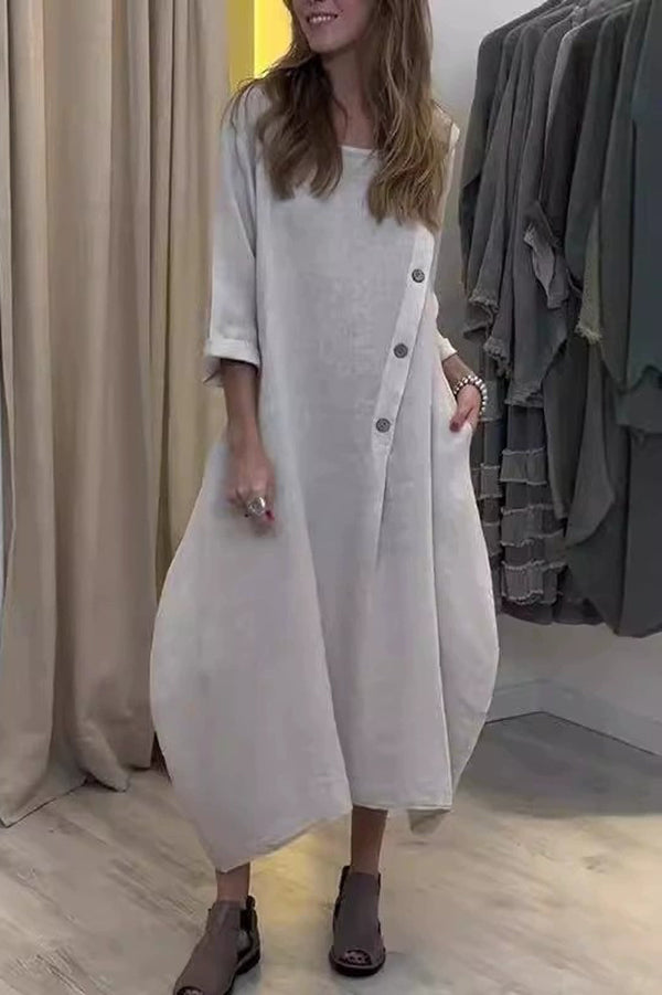 Linen Blend Solid Color Casual Round Neck Long Sleeve Button Midi Dress