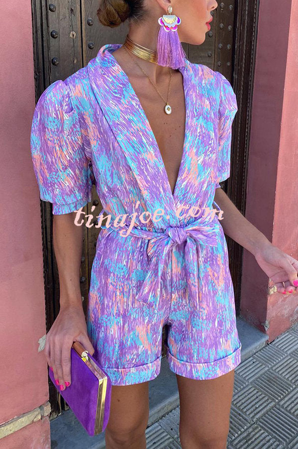 Joyful Smiles Printed Puff Sleeve Lapel Belted Romper