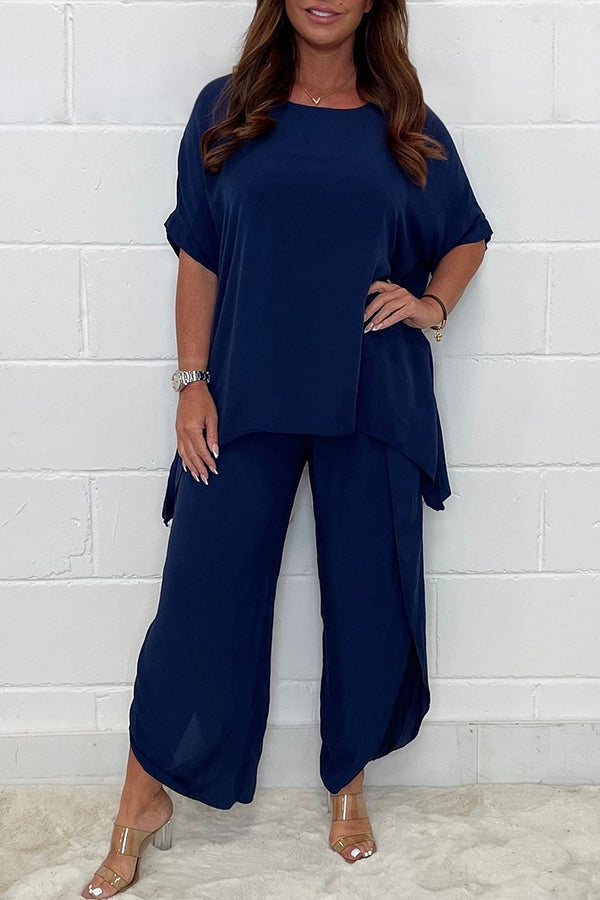 Solid Color Round Neck Short-sleeved Loose Top and Elastic Waist Casual Pants Set