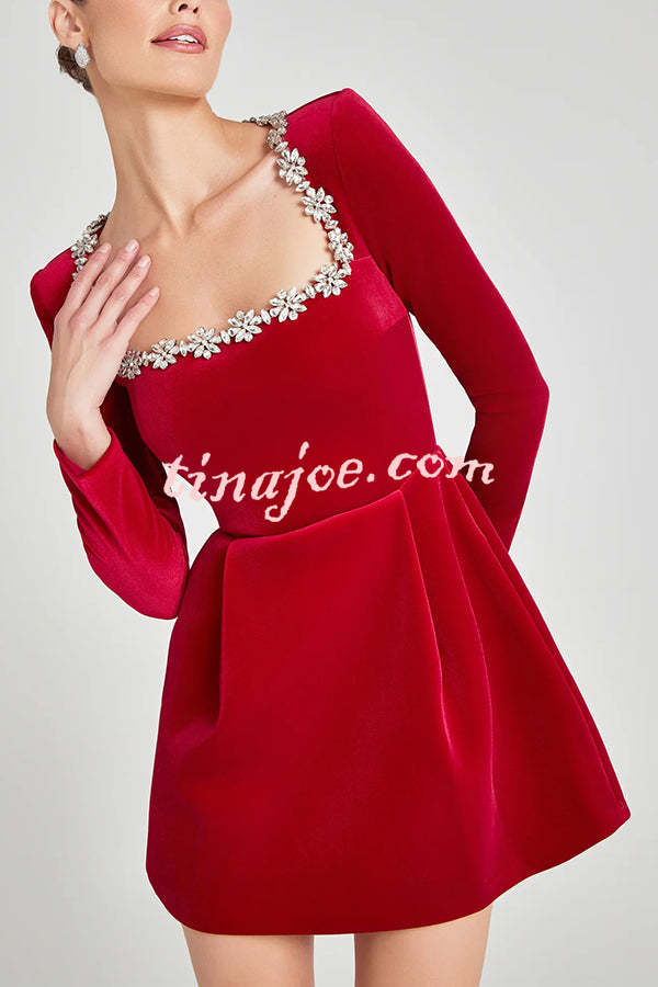 Endless Celebration Velvet Jewel Embellished Trim Long Sleeve Pocketed Mini Dress