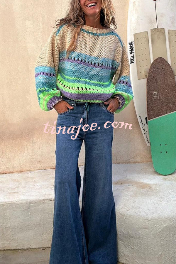 Rainbow Mood Multicolor Round Neck Hollow Long Sleeve Knitted Sweater