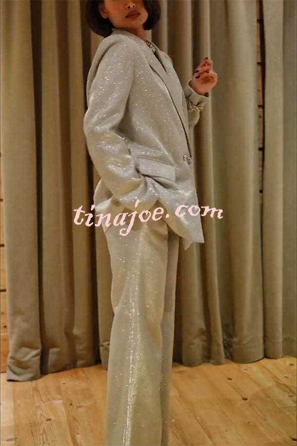 Holiday Queen Glitter Fabric Lapel Boyfriend Blazer and Pocketed Wide Leg Pants Set