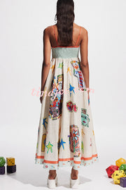 Miami Happy Hour Linen Blend Unique Print Smocked Back Pocketed Midi Dress