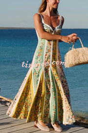 Sweet Garden Linen Blend Color Block Floral Paneled Maxi Dress