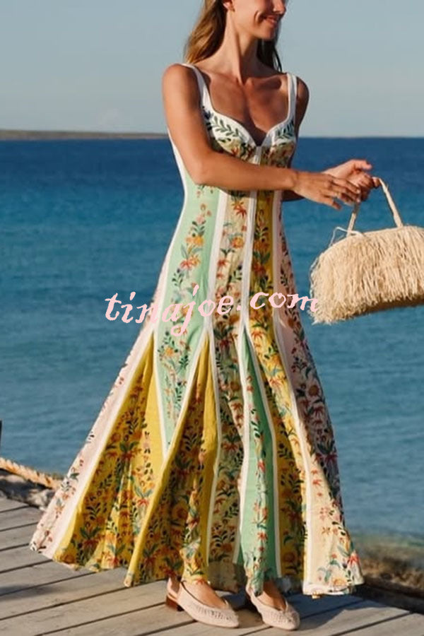 Sweet Garden Linen Blend Color Block Floral Paneled Maxi Dress