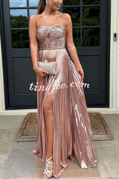 Make A Toast Metallic Fabric Cross Neck Cutout Slit Pleated Maxi Dress