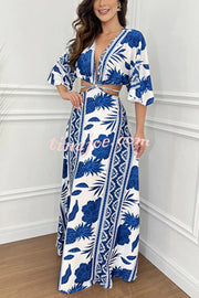 Wilma Unique Print Cutout Elastic Waist Tie-up Kimono Sleeve Maxi Dress