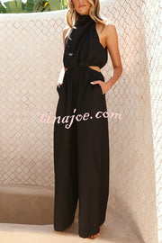 Solid Color Resort Style Halter Neck Waist Pocket Wide Leg Jumpsuit