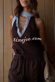 Sunday Social Contrast Color Satin Lace Trim Neck Strap Loose Tank