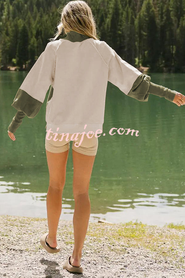 Fashionable Contrast Color Stitching Long Sleeve Loose Sweatshirt