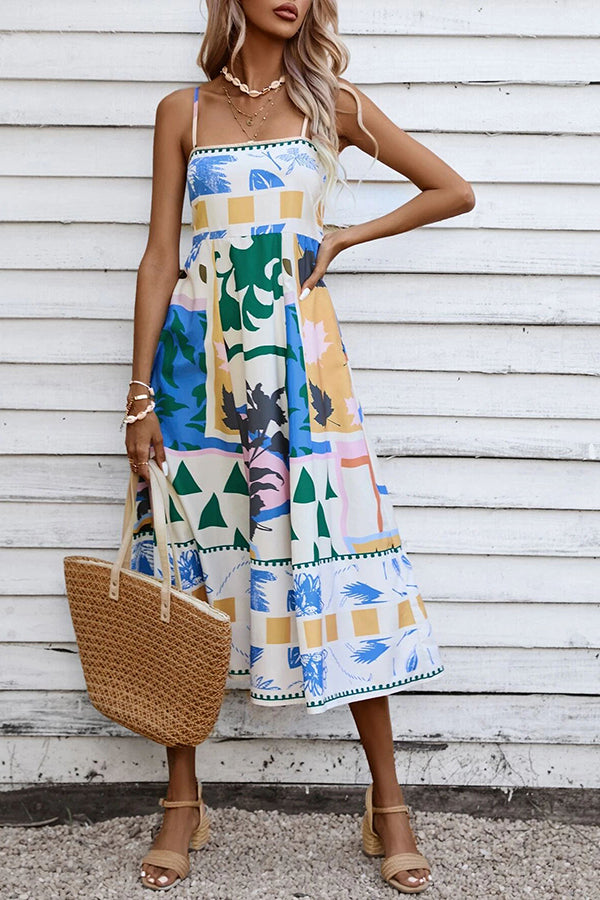 Tea Party Vibes Unique Print Pocketed Smocked Back Midi Dress