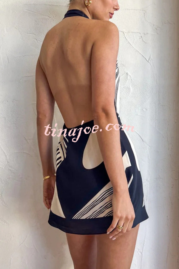 Unique Printed Open Back Waist Tie Holiday Mini Dress