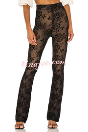 Romance Detail Flower Pattern Mesh Elastic Waist Stretch Flare Pants