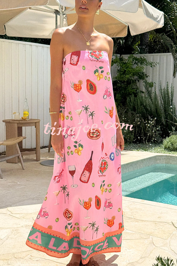 Linen Blend Unique Printed Strapless Holiday Loose Maxi Dress