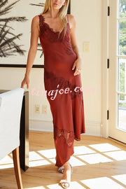 Sexy Lace Stitching Suspender V-neck Asymmetrical Maxi Dress