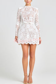 Champagne Toast Flower Lace Long Sleeve Bow Belted Mini Dress