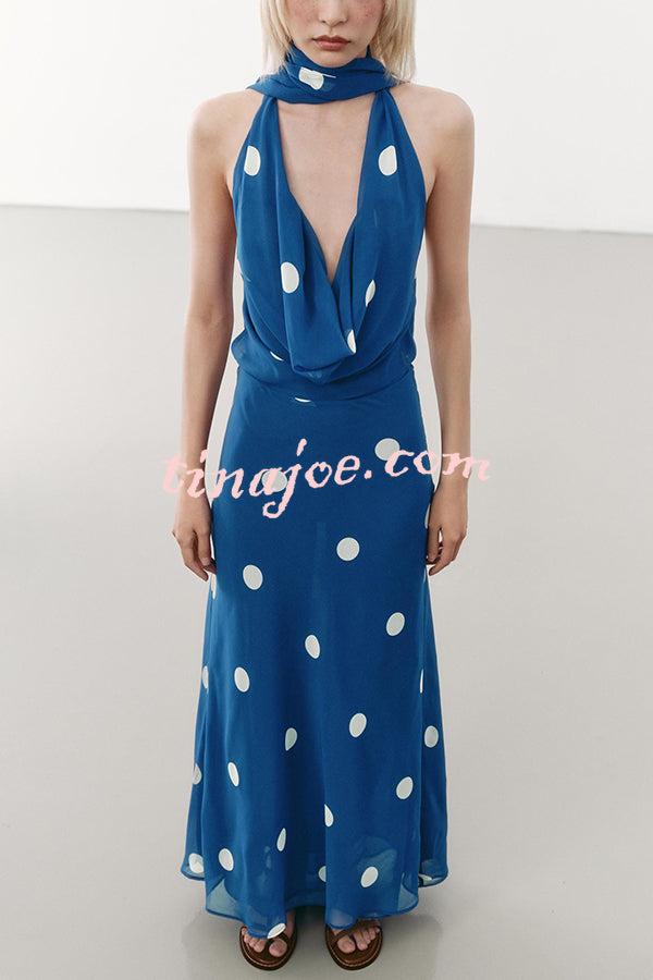 Fashion Polka Dot Print Sexy Halter Neck Backless Maxi Dress