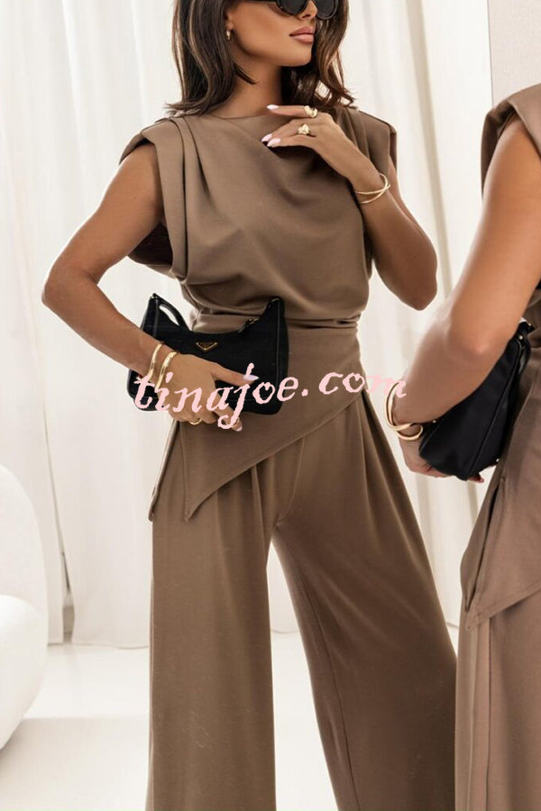 Jordy Ruched Shoulder Slit Top and Elastic Waist Pocketed Wide Leg Pants Set