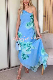 Floral Print Irregular Hem Open Back Strap Maxi Dress