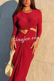 Solid Color Round Neck Long Sleeve Sexy Exposed Waist Slit Maxi Dress