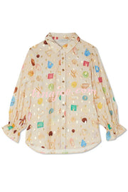 Fashionable Gold Stamping Unique Printing Lapel Long Sleeve Shirt and Elastic Waist Casual Pocket Shorts Set