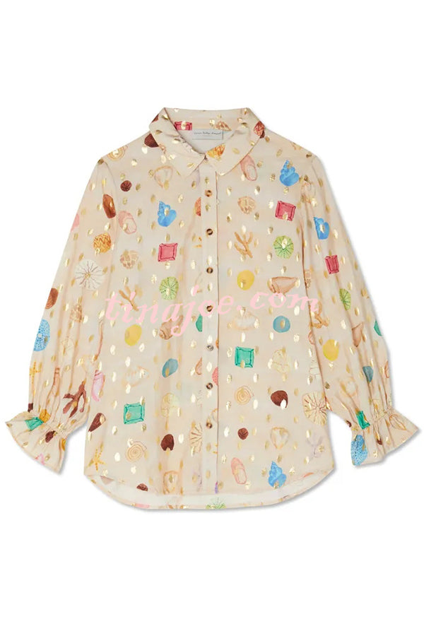 Fashionable Gold Stamping Unique Printing Lapel Long Sleeve Shirt and Elastic Waist Casual Pocket Shorts Set