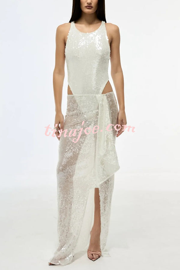 Fashion Sequin Sleeveless Fitted Rompers and Holiday Slit Maxi Skirt Set
