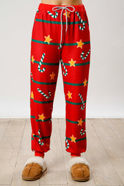 Christmas Print Button Long Sleeve Top and Elastic Waist Tie Pocket Pants Set