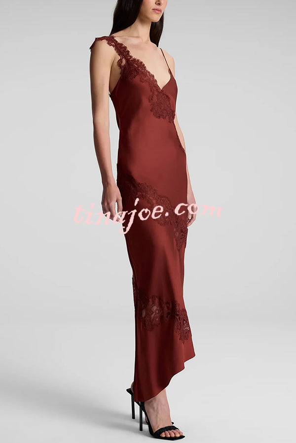 Sexy Lace Stitching Suspender V-neck Asymmetrical Maxi Dress