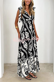 Unique Printed V-neck Sleeveless Lace-up Waist Maxi Dress