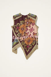 Stunning Floral Print Asymmetric Tassel Trim Scarf Top