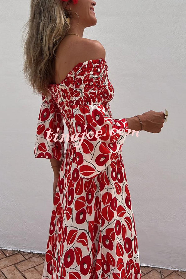 Close To The Vacation Floral Print Smocked Off Shoulder Pocketed Maxi Dress