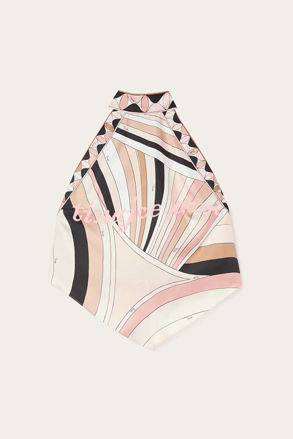 Anzio Satin Unique Print Halter Tie-up Tank and Irregular Hem Mini Skirt Set