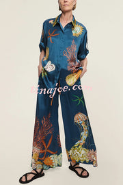 Linen Blend Unique Print Lapel Short Sleeve Shirt and Elastic Waist Loose Pocket Wide Leg Pants Set